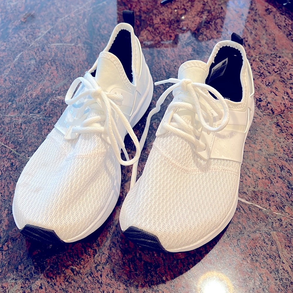 New Balance white slide on sneakers